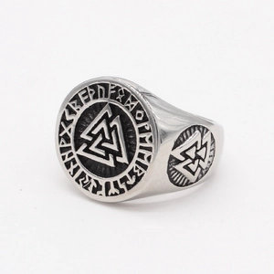 Retro Viking Valknut signet ring in stainless steel with Nordic rune engravings