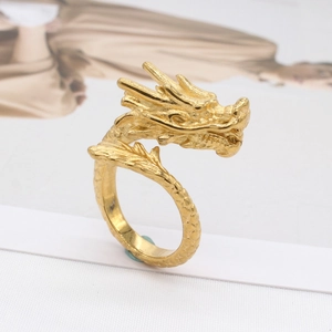 Gothic gold-tone dragon head adjustable ring made of polished stainless steel for men