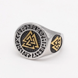 Viking Valknut signet ring for men with silver finish and gold Norse runes
