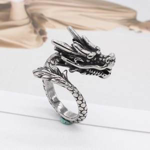 Retro dragon head open ring in vintage silver finish with punk style details