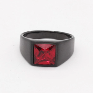 Bague en acier inoxydable noir mat pour hommes et femmes avec pierre précieuse rouge carrée