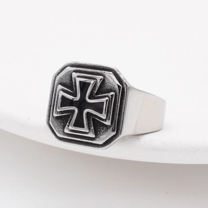 Retro stainless steel signet ring with black Iron Cross design and octagonal shape