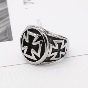 Vintage stainless steel cross ring for men with embossed iron cross and black accents