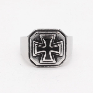 Polished men's signet ring with octagonal top and black enamel iron cross detail