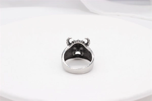Detail view of gothic retro silver bull horn skull ring made of durable titanium steel