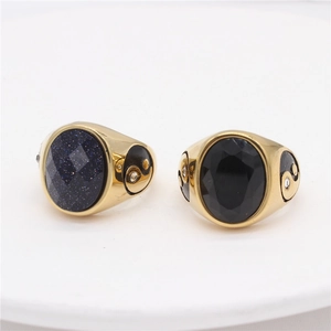 Retro gold titanium steel rings set with blue sand stone and black onyx yin yang patterns