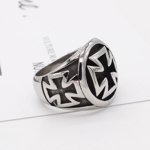 Men's retro stainless steel ring featuring maltese cross relief and black enamel finish