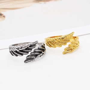 Retro feather ring in gold and silver finish with adjustable wing design for men and women