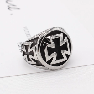 Vintage stainless steel iron cross ring for men with punk biker style engraving