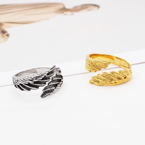 Retro feather titanium steel open rings in vintage silver and polished gold finishes