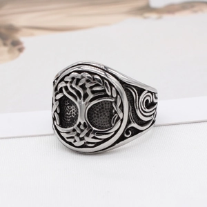 Retro stainless steel Tree of Life signet ring for men with vintage engraved scroll patterns