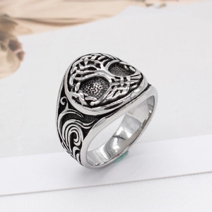 Vintage stainless steel Tree of Life ring for men with black oxidized finish and scroll texture