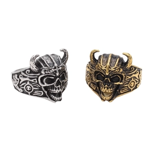 Vintage Viking Skull Helmet Ring For Men Titanium Steel Retro Punk Gothic Horned Warrior Head Carved Biker Finger Jewelry
