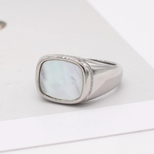 Bague chevalière minimaliste en acier argenté pour hommes et femmes avec incrustation nacre