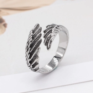 Retro oxidized silver feather wing open ring made of durable titanium steel for men and women