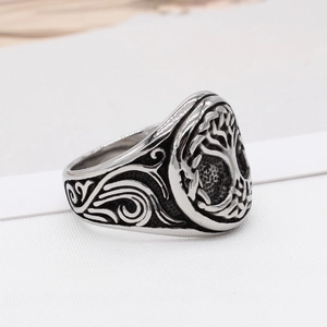 Vintage silver tree of life ring with Celtic engraving on stainless steel band