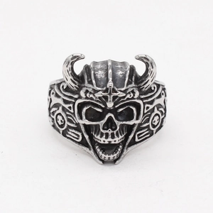 Vintage gothic skull ring for men with horned helmet and stainless steel punk design
