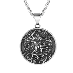 Vintage Saint Michel Protégez-nous Collier Pendentif Médaille Ronde pour Hommes Acier Inoxydable Titane Amulette Religieuse Ange Gardien Bijoux