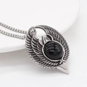 Vintage eagle wings men's stainless steel pendant necklace with black gemstone detail