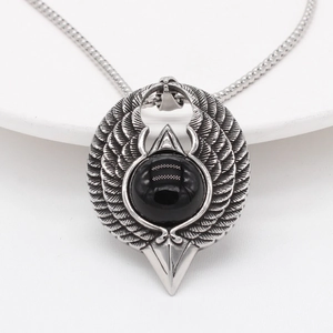 Vintage eagle wings pendant necklace in silver stainless steel with large black onyx stone