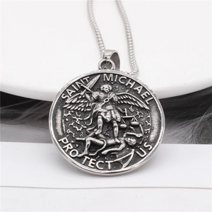 Pendentif Saint-Michel Archange en argent vintage avec collier en acier inoxydable