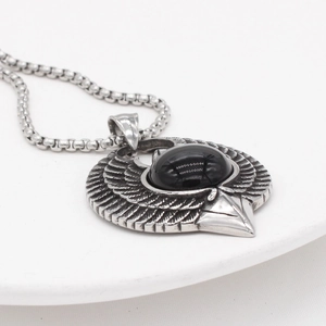 Vintage eagle wings titanium steel necklace with an oval black onyx gemstone pendant