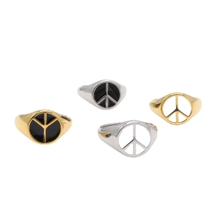 Stainless Steel Peace Sign Signet Ring Minimalist Cold Style Gold Silver Polished Drip Oil Round Pattern Unisex Fashion Jewelry Finger Ring