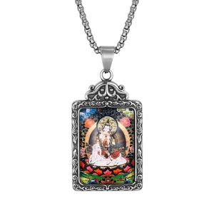 Zodiac guardian Buddha pendant necklace in silver stainless steel with Samantabhadra artwork