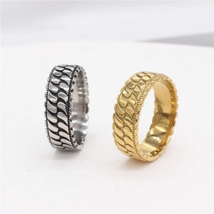 Retro punk style stainless steel rings with embossed scale texture in gold and silver