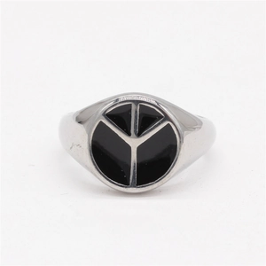Minimalist silver steel peace sign signet ring with black enamel inlay in retro style