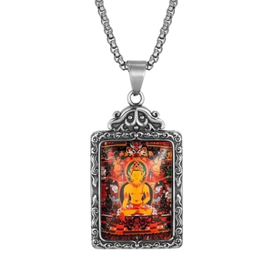 Retro stainless steel necklace with silver-framed colorful Thangka Buddha pendant
