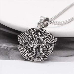 Vintage Saint Michael Archangel pendant necklace in silver stainless steel with box chain