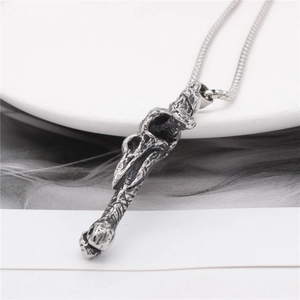 Retro Viking long bird skull cross pendant in vintage steel on metal snake chain