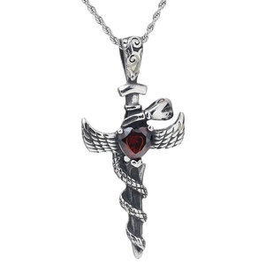 Vintage Gothic Stainless Steel Cross Sword Pendant Necklace For Men Red Heart Rhinestone Snake Wing Pendant Only Without Chain