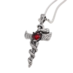 Vintage sword necklace pendant with angel wings, snake wrap and red heart stone