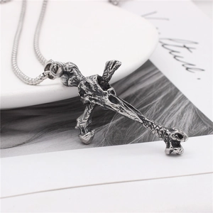 Gothic viking cross bone pendant necklace in vintage silver steel with snake chain