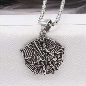 Vintage Saint Michael angel wings pendant necklace in antique silver steel