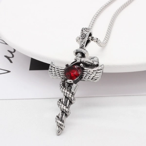 Vintage silver snake cross pendant necklace with wings and red heart stone for men