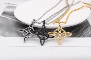 Viking Celtic knot pendant necklaces shown in silver, black, and gold steel finishes