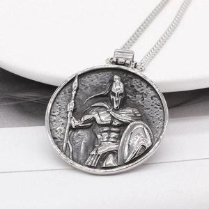Vintage Spartan warrior pendant necklace in silver stainless steel with antique finish