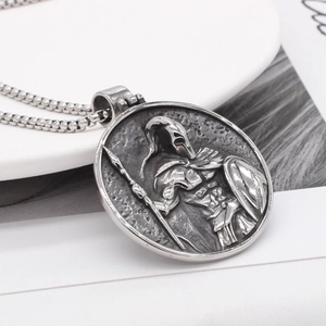 Retro stainless steel knight pendant necklace featuring Spartan warrior relief on ball chain
