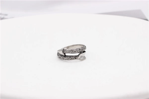 Macro view of vintage stainless steel Cupid arrow ring with engraved feather texture