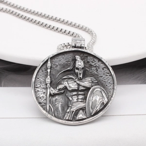 Retro Spartan warrior relief round pendant necklace in oxidized stainless steel for men