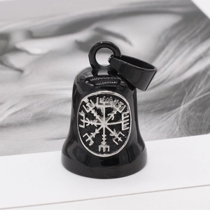 Nordic Viking bell pendant in black stainless steel with Vegvisir compass symbol