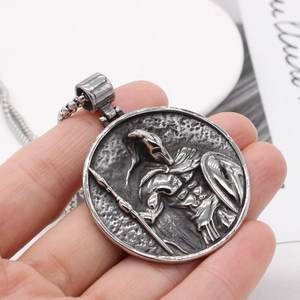 Vintage Spartan warrior pendant necklace in distressed steel with square pearl chain