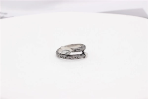 Macro shot of silver arrow ring with intricate textured band on a clean white background