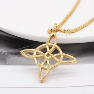 Golden Celtic knot pendant necklace with box chain on a minimalist white background