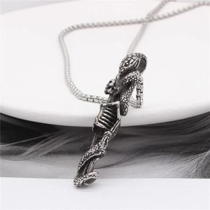 Gothic vintage silver snake and skeleton pendant necklace for men in stainless steel