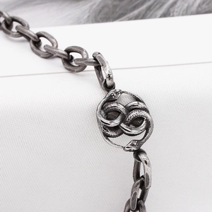 Vintage stainless steel double snake medallion pendant necklace in antique silver finish