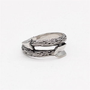 Vintage Cupid's arrow wrap ring in retro stainless steel with oxidized textured finish
